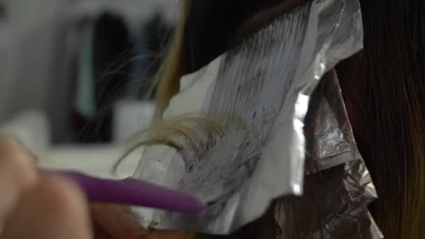 Стилист Волос Применяет Цветовую Обработку Поверх Фольги Волосам Клиента Женщины — стоковое видео