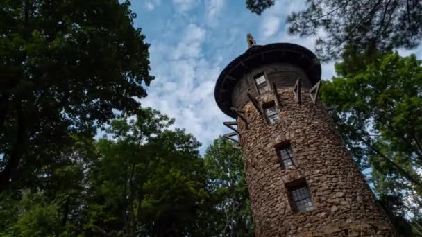 Vlnící Mraky Modrá Obloha Stromy Obklopují Velkou Kamennou Věž — Stock video