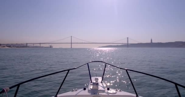 Bow Cockpit Boat Ride Lisbon Bridge Christ King Frame Shot — Stock Video