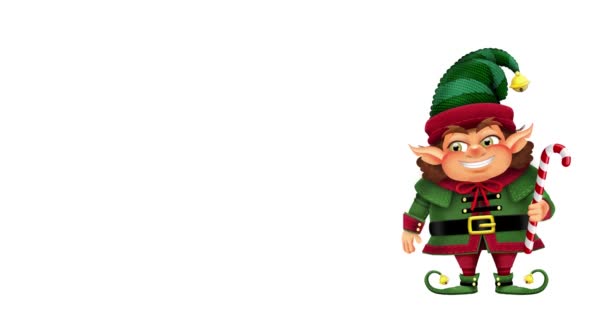 Animated Illustratie Van Gelukkig Kerst Elf Met Snoep Stok Witte — Stockvideo