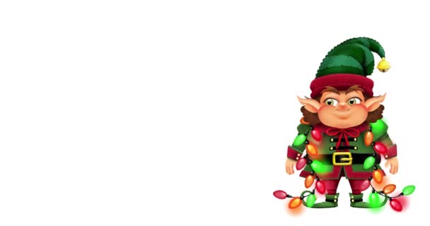 Animated Illustration Happy Christmas Elf Blinking String Lights Waving White — Stock Video