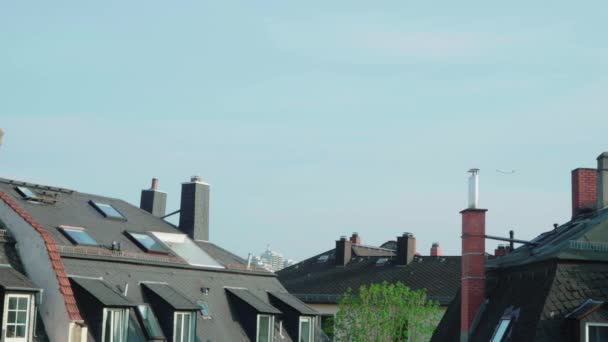 Ein Flugzeug Hebt Hinter Den Dächern Der Häuser — Stockvideo