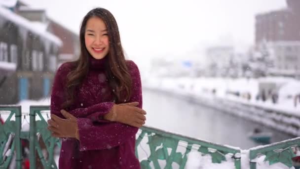 Tiro Estático Uma Mulher Asiática Frio Sorrindo Queda Neve Otaru — Vídeo de Stock