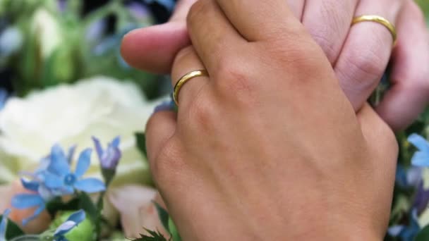 Close Slow Motion Shot Hands Married Couple Wedding Rings — Stock Video