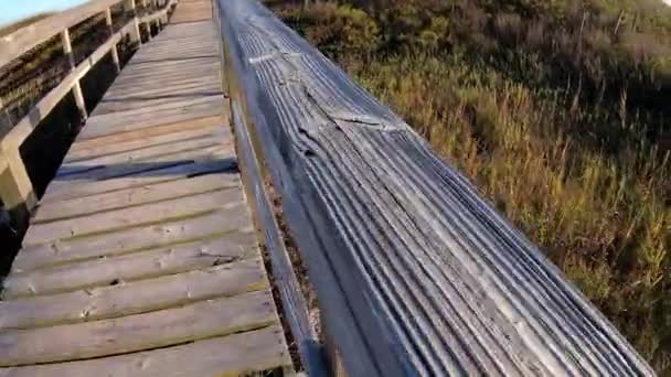 Går Över Strandpromenaden Väg Till Stranden Med Vacker Blå Himmel — Stockvideo