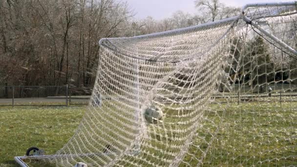 Slow Motion 120 Fps Uma Bola Futebol Bate Uma Rede — Vídeo de Stock