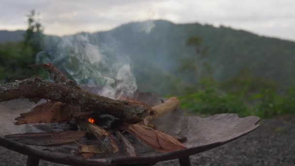 Campfire Close Con Vista Sulla Foresta Pluviale Verde Montagna Valle — Video Stock