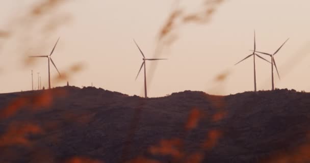 Turbiny Wiatrowe Wirują Szczycie Góry Rozproszone Siano Machające Pierwszym Planie — Wideo stockowe