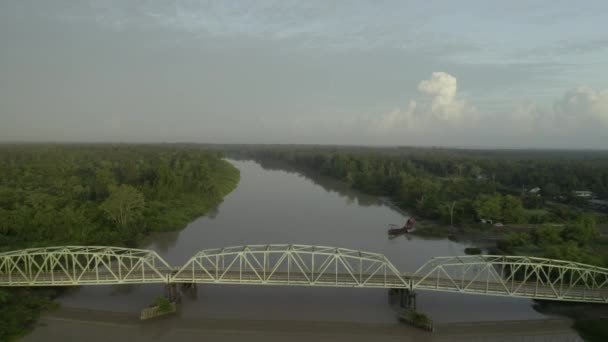 Ogromny Biały Metalowy Most Nad Rzeką Łączący Dwie Strony Gęstej — Wideo stockowe