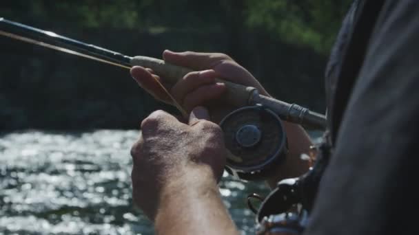 Des Images Ralenti Pêcheur Mouche Avec Poisson Sur Ligne Bobine — Video