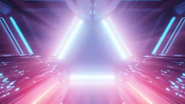 在明亮的蓝色和紫色霓虹灯隧道中心移动的镜面三角形的背景运动视频 3D渲染动画 — 图库视频影像