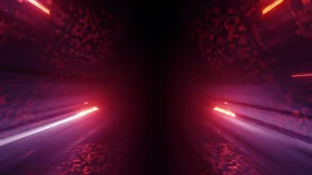 Flyger Genom Glödande Roterande Neontrianglar Skapar Tunnel Blå Röd Rosa — Stockvideo