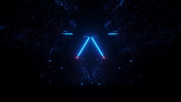用紫色蓝色霓虹灯照明的空间三角形的迷幻沉浸效果 音乐录影带动画及入场派对 — 图库视频影像