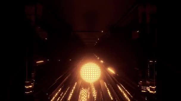 Esfera Oro Naranja Brillante Moviéndose Túnel Espacial Infinito Dando Efecto — Vídeos de Stock