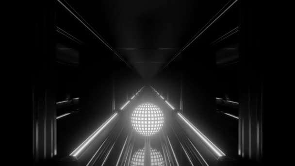 Dunkelschwarzer Tunnel Beleuchtet Von Einer Strahlenden Sphäre Monochrom Motion — Stockvideo
