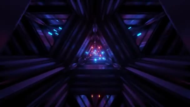 Construcción Con Triángulo Rojo Azul Pasillo Iluminado Túnel Reflexiones Renderizado — Vídeos de Stock
