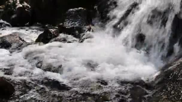 Vista Cerca Base Una Pequeña Cascada Rodeada Rocas Todos Los — Vídeos de Stock