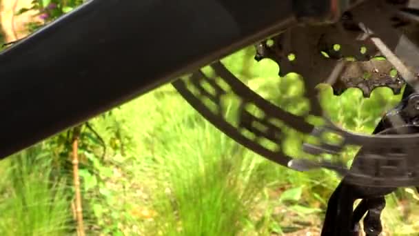 Bicycle Disc Brake Rear Wheel Spinning Closeup — Stock Video