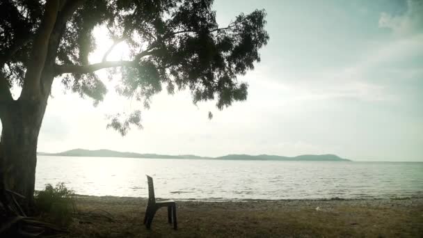 Tagesaufnahme Eines Stuhls Steht Einsam See Bei Sonnenuntergang Und Wartet — Stockvideo