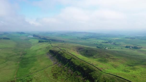 Aerial Shot English Countryside Showing Section Hadrians Wall — Stock Video