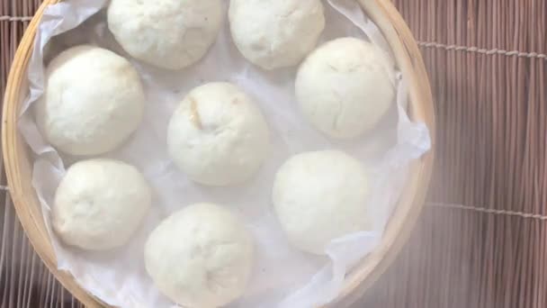 Top View Uncovering Lid Cooked Steamed Buns Showing Steam Rising — Stock Video