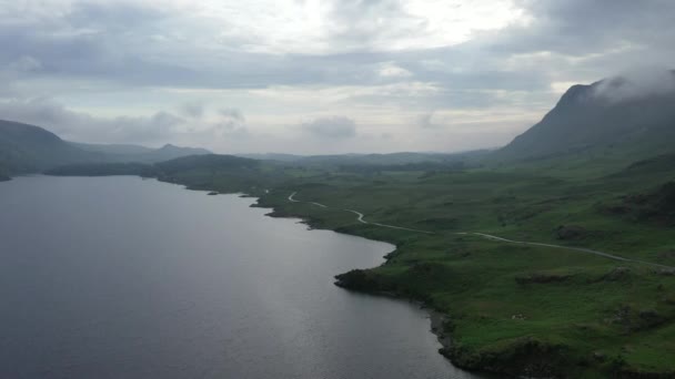 Aerial Shot Rural Road Next Lake English Lake District Cloudy — Stock Video