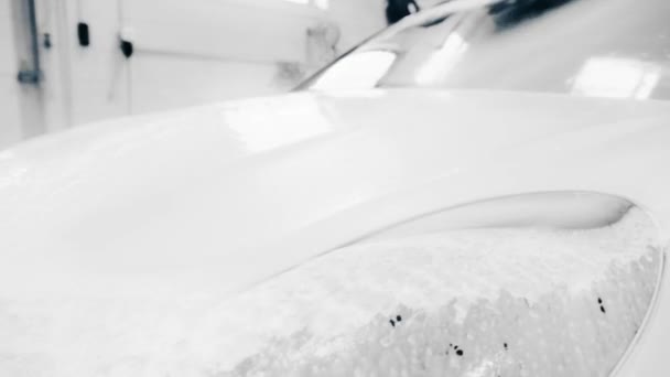 Washing Soap White Car Hood — Stock Video