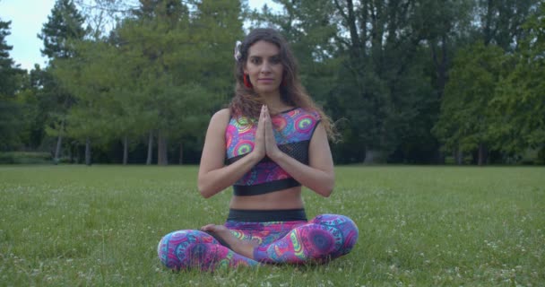 ヨガイージーポーズ別名スハサナ 自然の中で草の上でヨガを行う若い魅力的な女性 スローモーション — ストック動画