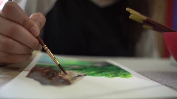 Gran Angular Extremo Primer Plano Artista Dibujo Paisaje Montaña Papel — Vídeo de stock