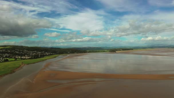 Aerial Away Motion Shot Coastal Bay Low Tide Shallow Water — Stock Video