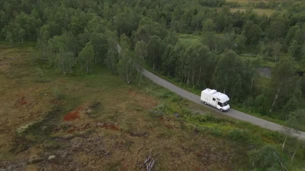 Kamper Jadący Przez Zielony Las Północnej Norwegii — Wideo stockowe