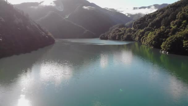 Letecký Pohled Okutamské Jezero Brzy Ráno Klidný Pohled Klidné Teal — Stock video