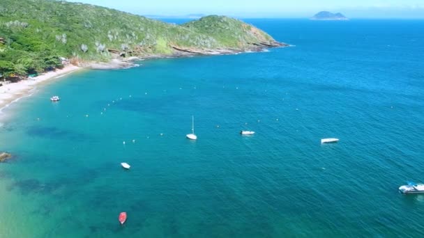 Aerial Yachts Parked Turquoise Waters Vast Sea Beautiful Green Cliffs — Stock Video