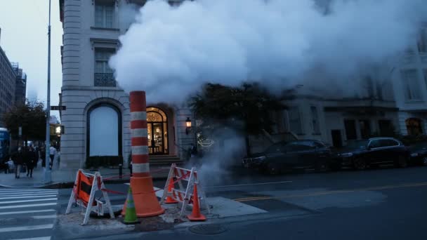 Closeup Steam Pipe Shooting Steam Air Street Corner New York — Stock Video