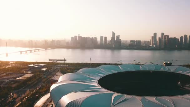 Sunset Binjang Olympic Stadium Hangzhou Skyline China — ストック動画