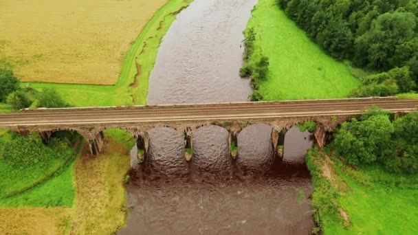 Rastreamento Tiro Aéreo Para Trás Olhando Sobre Viaduto Ferroviário Atravessando — Vídeo de Stock