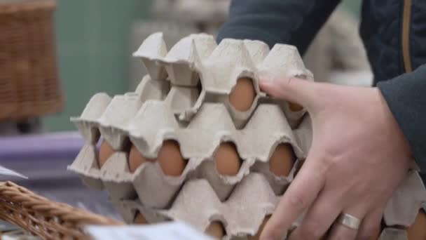 Merchant Wrapping Chicken Eggs Cartons Film Client Local Market — Stock Video