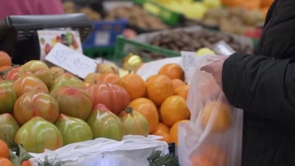 Kobieta Zbierająca Pomarańcze Straganu Świeżych Owoców Lokalnym Rynku — Wideo stockowe