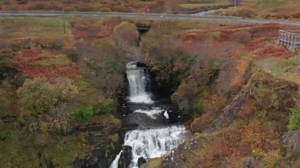 Slow Motion Aerial Drone Flyover Lealt Fall Waterfall Skye Scotland — Stock Video