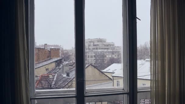 Timelapse Travers Une Fenêtre Une Journée Hiver Enneigée Sofia Bulgarie — Video