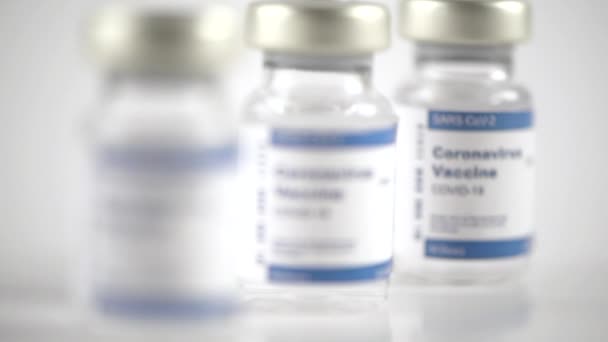 Ampollas Vacuna Covid Hospital Cerca Enfoque Rack — Vídeo de stock