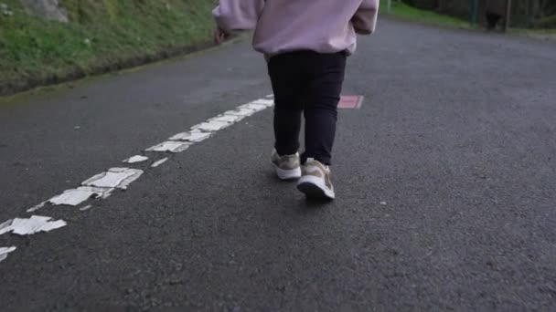 スローモーションバック公園のアスファルトトレイルで実行されている幼児のビュー トラッキングショット — ストック動画