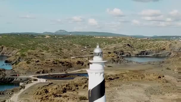 Veduta Del Faro Favaritx Nell Isola Minorca Spagna Orbita Aerea — Video Stock