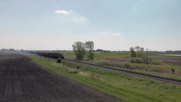 Luchtdrone Schot Een Tegemoetkomende Trein Door Een Veld — Stockvideo