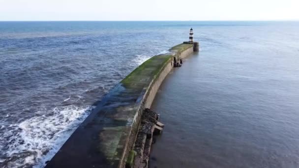 Aerial Drone Shot Seaham Lighthouse North East England Bright Day — Stock Video