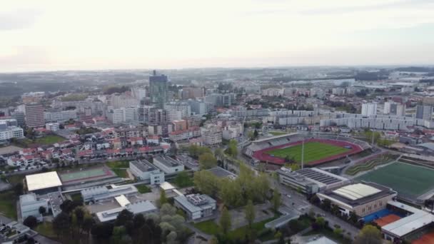 Vue Aérienne Construction Des Toits Stade Dans Ville Maia Portugal — Video