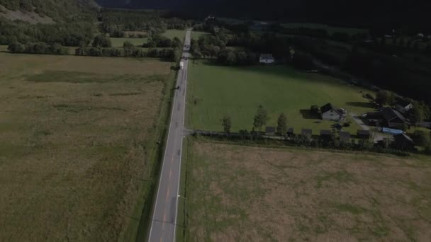 Luchtfoto Van Asfalt Road Het Midden Van Groene Landbouw Boerderij — Stockvideo