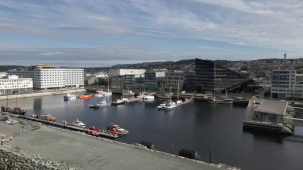 Boats Yachts Docked Port Trondheim Norway Contemporary Buildings Background Drone — Stock Video