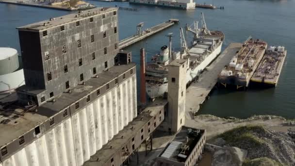 Vuelo Aéreo Junto Una Terminal Granos Abandonados Masivos Barcos Industriales — Vídeo de stock