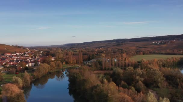 Aereo Drone Tramonto Cavalcavia Vigneti Vicino Pernay Francia Autunno — Video Stock